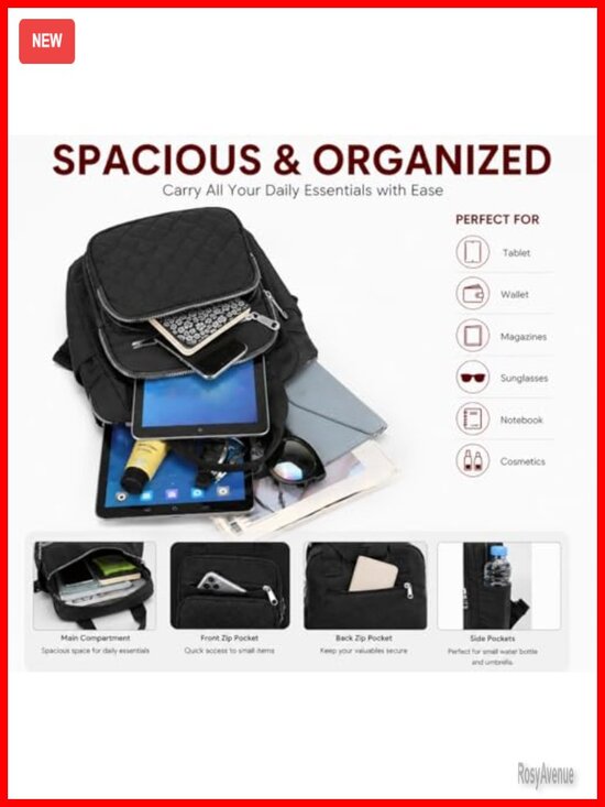 Quilted Square Backpack Waterproof Nylon Daypack Multi Pocket Lightweight Top